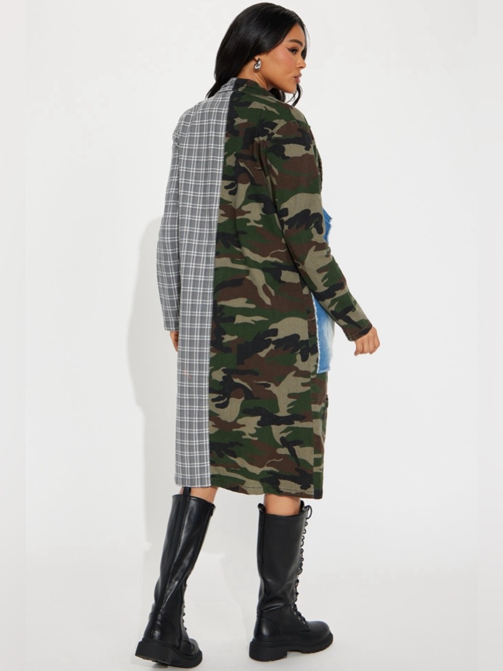 Fashion Nova Patchwork Camo Plaid Coat Denim Pockets Long Statement Jacket NWT - Picture 3 of 6